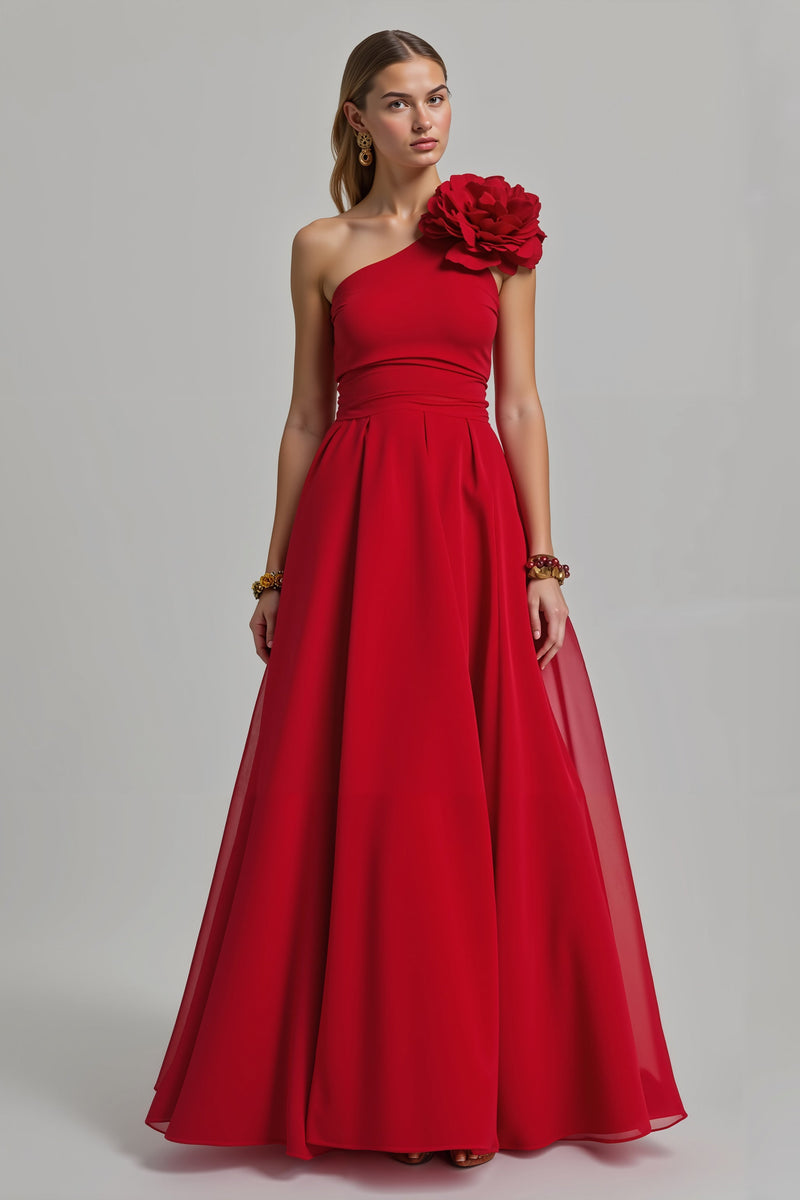 Laden Sie das Bild in den Galerie-Viewer, Rotes Geblümtes A-Linie Eine Schulter Langes Festtags-Partykleid