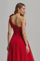 Laden Sie das Bild in den Galerie-Viewer, Rotes Geblümtes A-Linie Eine Schulter Langes Festtags-Partykleid