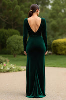 Laden Sie das Bild in den Galerie-Viewer, Dunkelgrünes Etui Velvet V-Ausschnitt Langes Festtags-Partykleid mit Schlitz