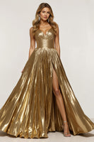 Laden Sie das Bild in den Galerie-Viewer, Goldenes Metallic Plissee Ballkleid in A-Linie