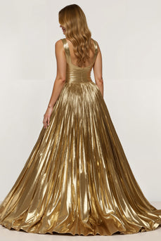 Goldenes Metallic Plissee Ballkleid in A-Linie