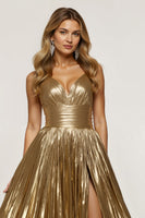 Laden Sie das Bild in den Galerie-Viewer, Goldenes Metallic Plissee Ballkleid in A-Linie