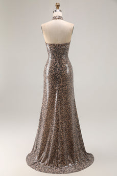 Glitzer Golden Leopard Meerjungfrau Neckholder Langes Ballkleid mit Schlitz