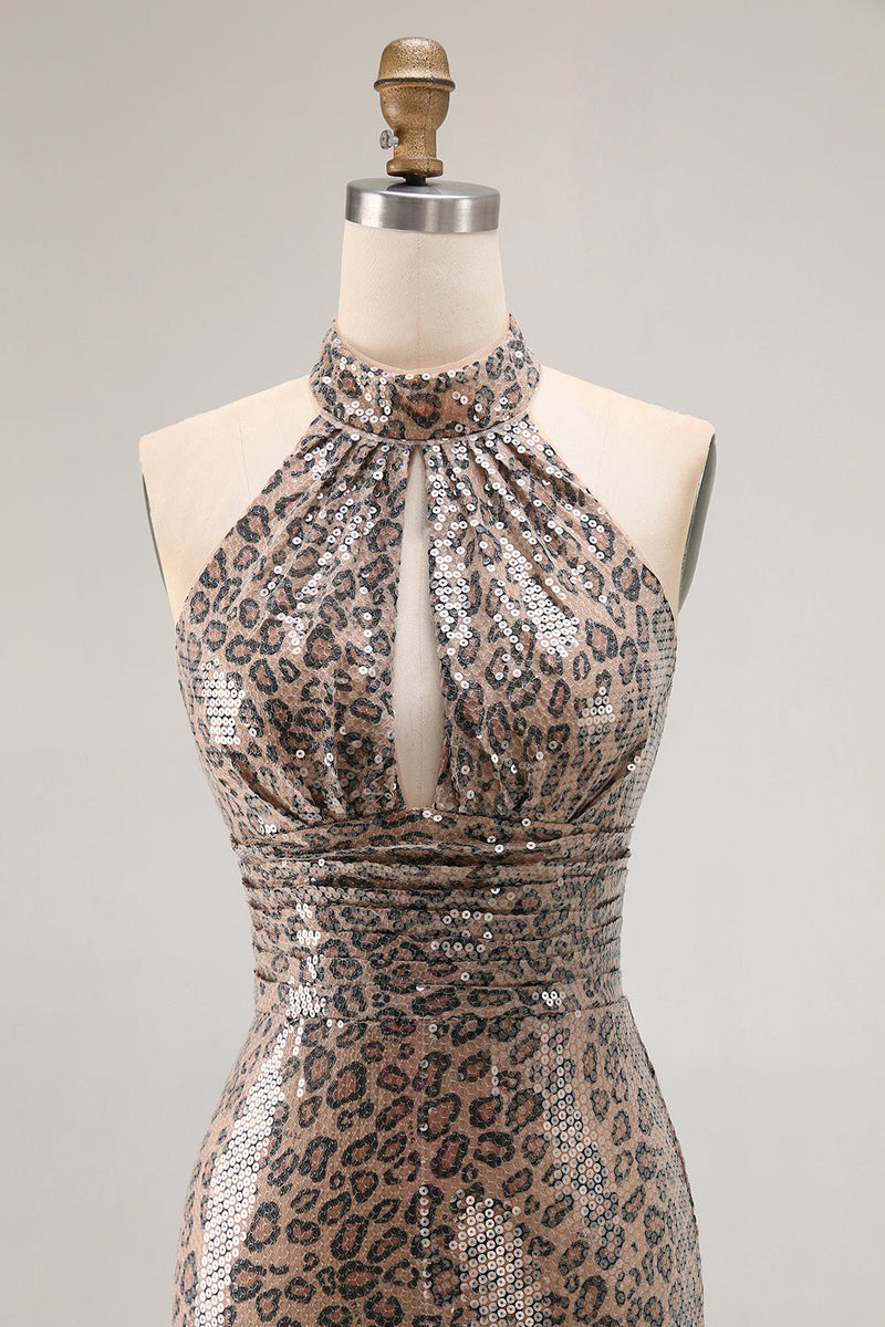 Laden Sie das Bild in den Galerie-Viewer, Glitzer Golden Leopard Meerjungfrau Neckholder Langes Ballkleid mit Schlitz