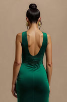 Laden Sie das Bild in den Galerie-Viewer, Dunkelgrünes Langes Festtags-Partykleid mit V-Ausschnitt und Schlitz