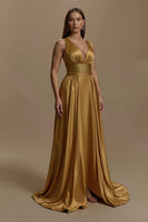 Laden Sie das Bild in den Galerie-Viewer, Goldenes Satin V-Ausschnitt Rückenfreies Langes Feiertags Partykleid