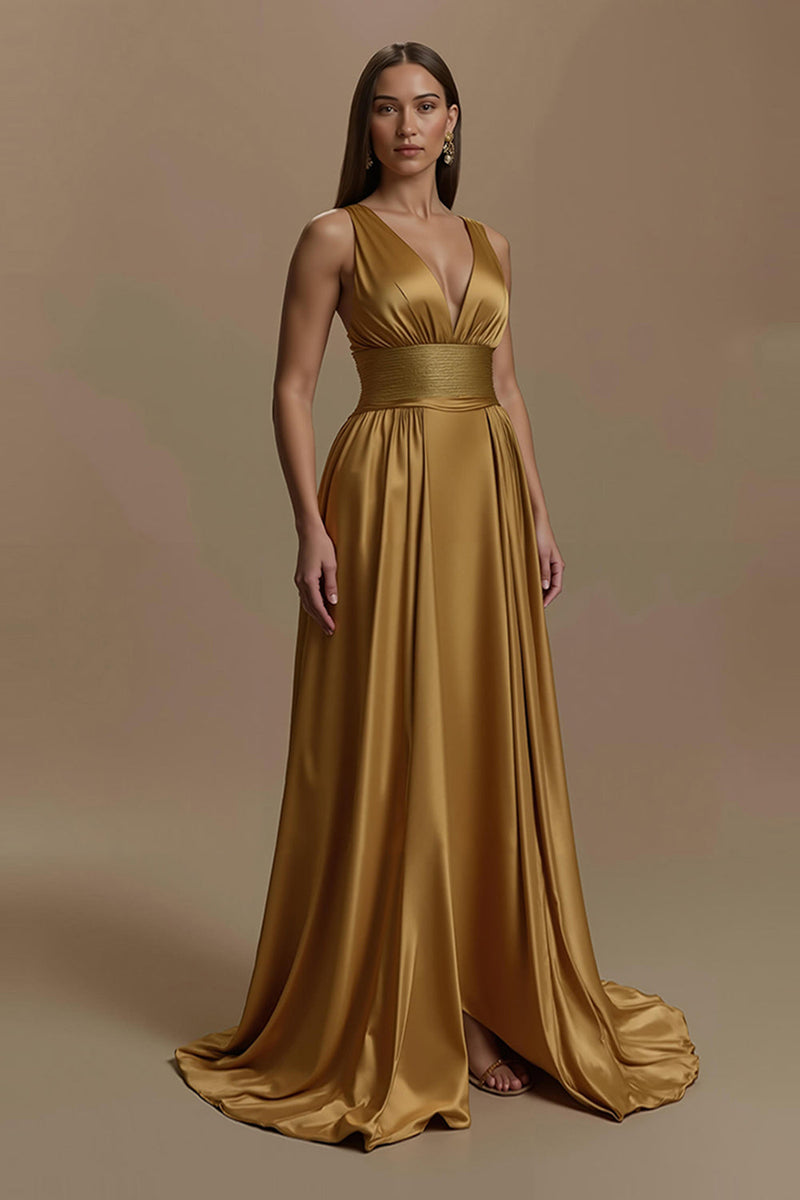 Laden Sie das Bild in den Galerie-Viewer, Goldenes Satin V-Ausschnitt Rückenfreies Langes Feiertags Partykleid