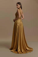 Laden Sie das Bild in den Galerie-Viewer, Goldenes Satin V-Ausschnitt Rückenfreies Langes Feiertags Partykleid