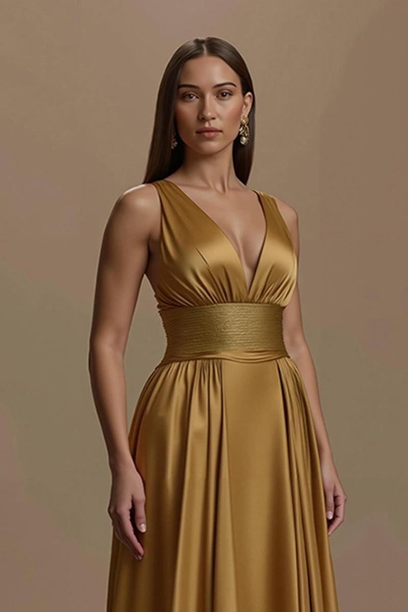 Laden Sie das Bild in den Galerie-Viewer, Goldenes Satin V-Ausschnitt Rückenfreies Langes Feiertags Partykleid