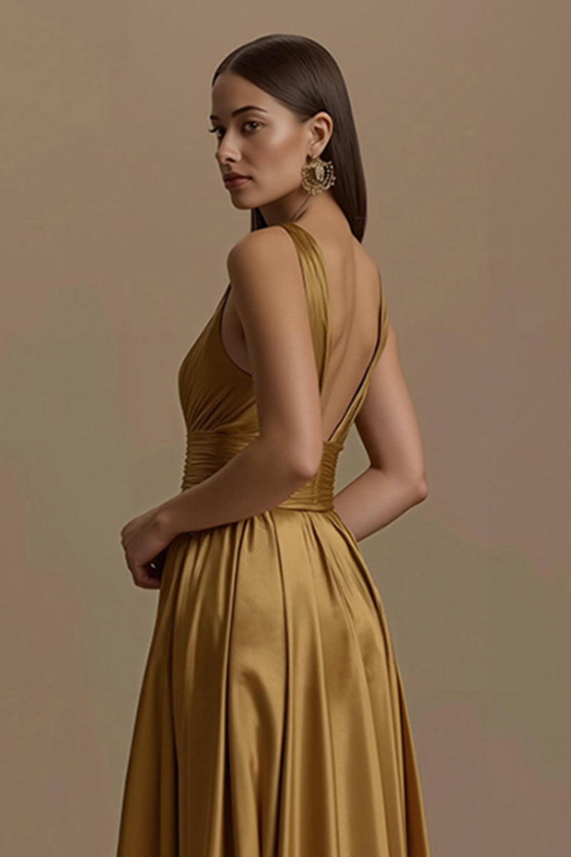Laden Sie das Bild in den Galerie-Viewer, Goldenes Satin V-Ausschnitt Rückenfreies Langes Feiertags Partykleid