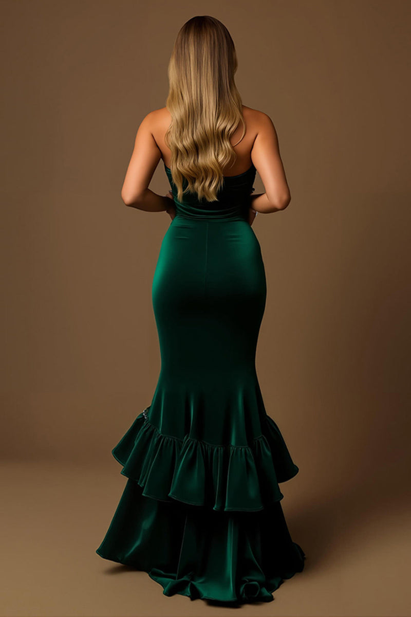 Laden Sie das Bild in den Galerie-Viewer, Dunkelgrünes Meerjungfrau Gestuftes Trägerloses Langes Festtags Partykleid