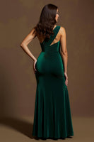 Laden Sie das Bild in den Galerie-Viewer, Dunkelgrünes Samt Eine Schulter Meerjungfrau Langes Festtags Partykleid mit Schlitz