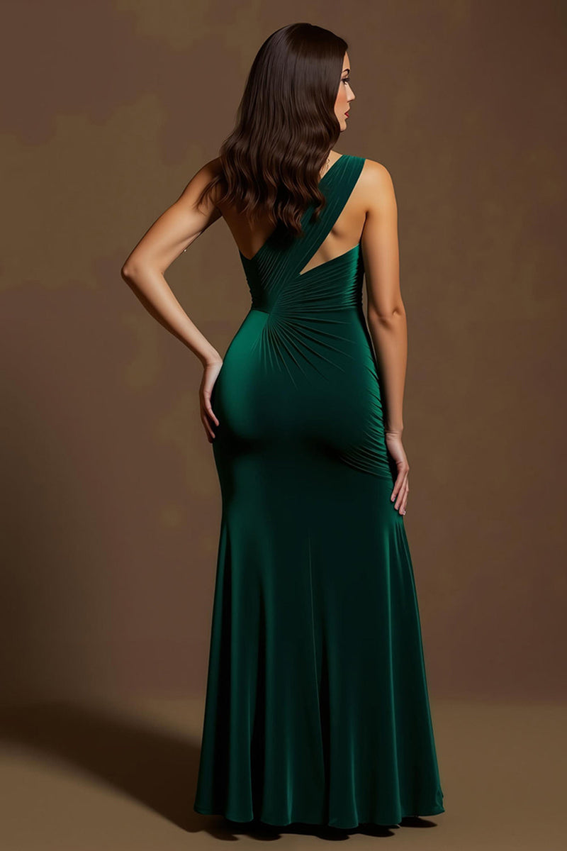 Laden Sie das Bild in den Galerie-Viewer, Dunkelgrünes Samt Eine Schulter Meerjungfrau Langes Festtags Partykleid mit Schlitz