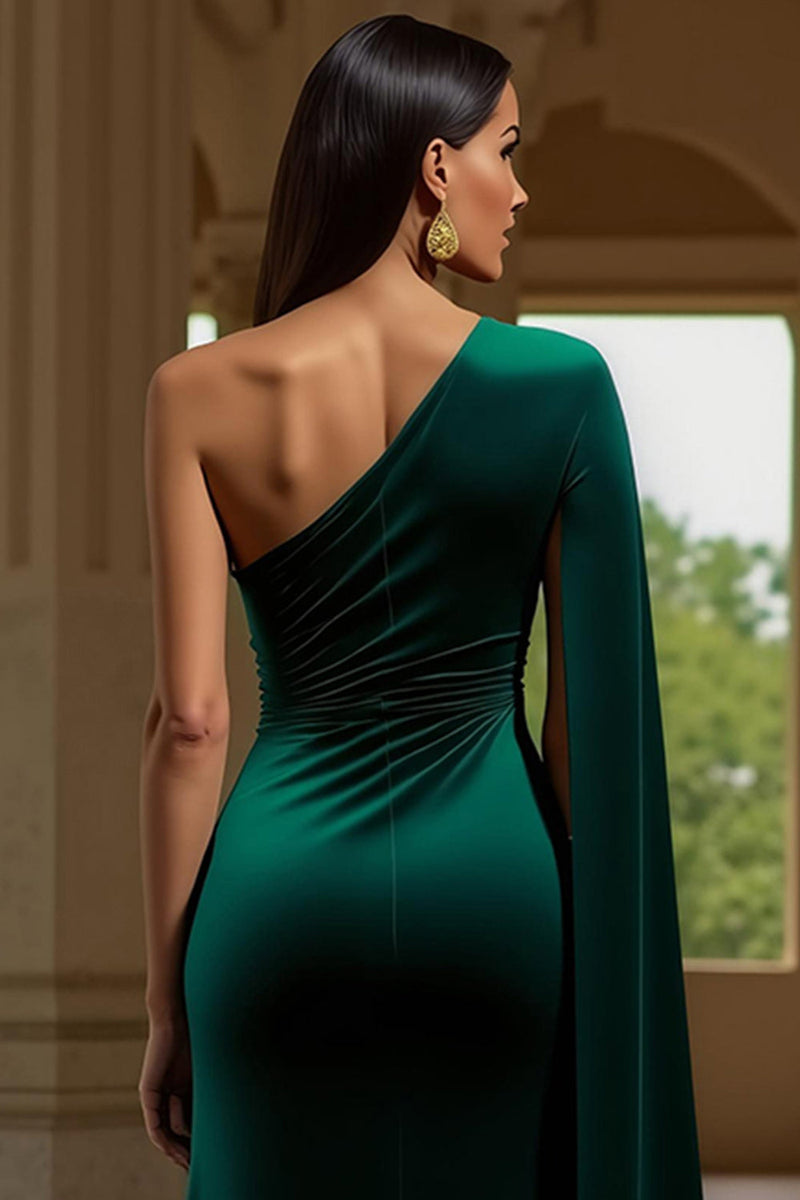 Laden Sie das Bild in den Galerie-Viewer, Dunkelgrünes Einschultriges Langärmeliges Festtags-Partykleid aus Samt mit Schlitz