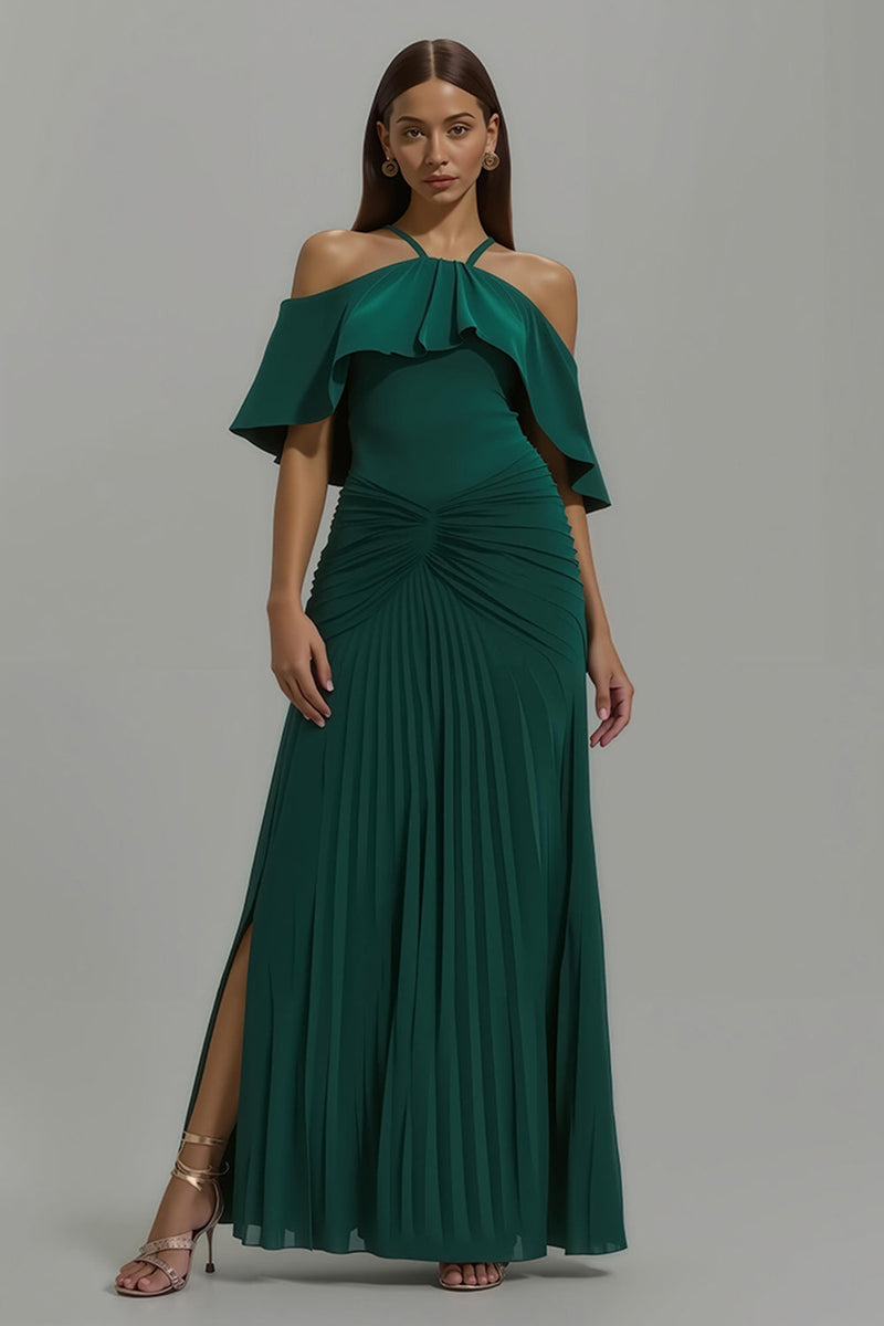 Laden Sie das Bild in den Galerie-Viewer, Dunkelgrünes Plissiertes Neckholder Langes Festtags-Partykleid mit Rüschen
