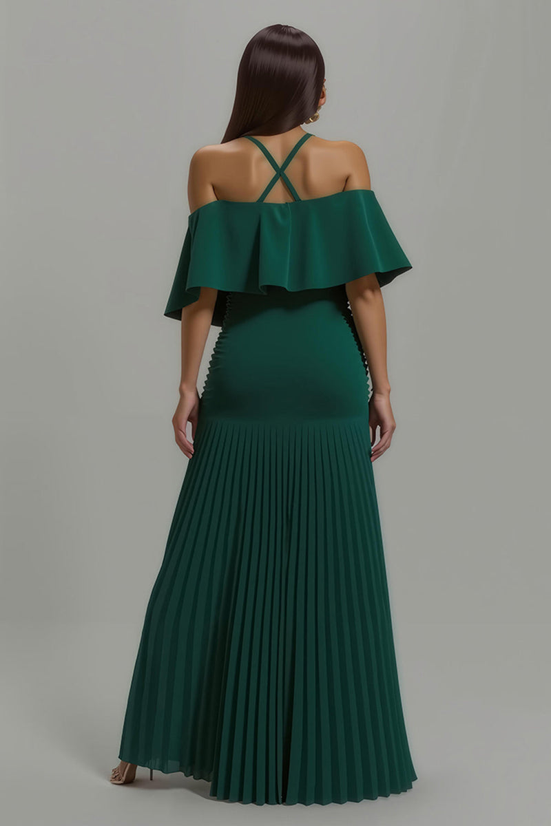 Laden Sie das Bild in den Galerie-Viewer, Dunkelgrünes Plissiertes Neckholder Langes Festtags-Partykleid mit Rüschen