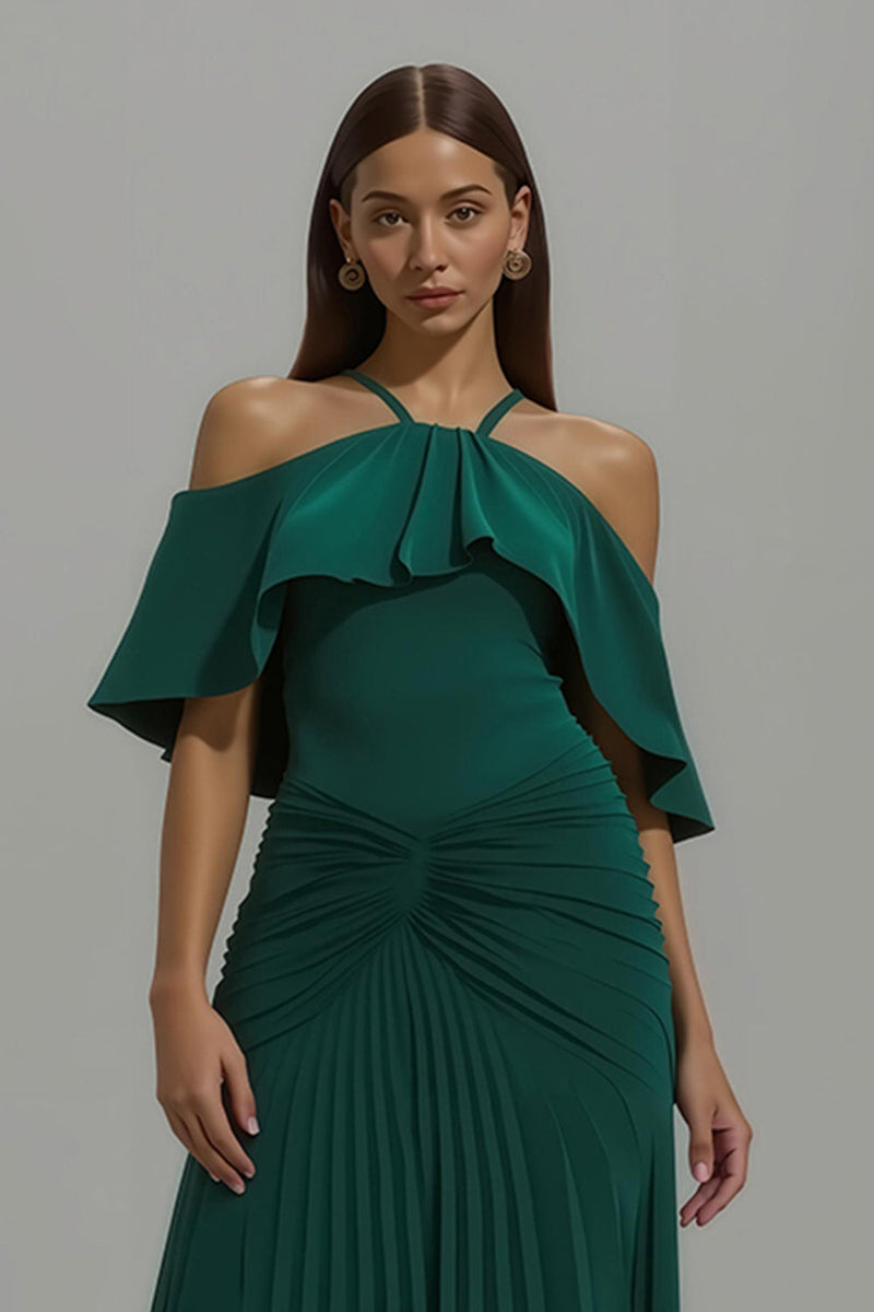 Laden Sie das Bild in den Galerie-Viewer, Dunkelgrünes Plissiertes Neckholder Langes Festtags-Partykleid mit Rüschen