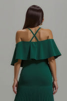 Laden Sie das Bild in den Galerie-Viewer, Dunkelgrünes Plissiertes Neckholder Langes Festtags-Partykleid mit Rüschen