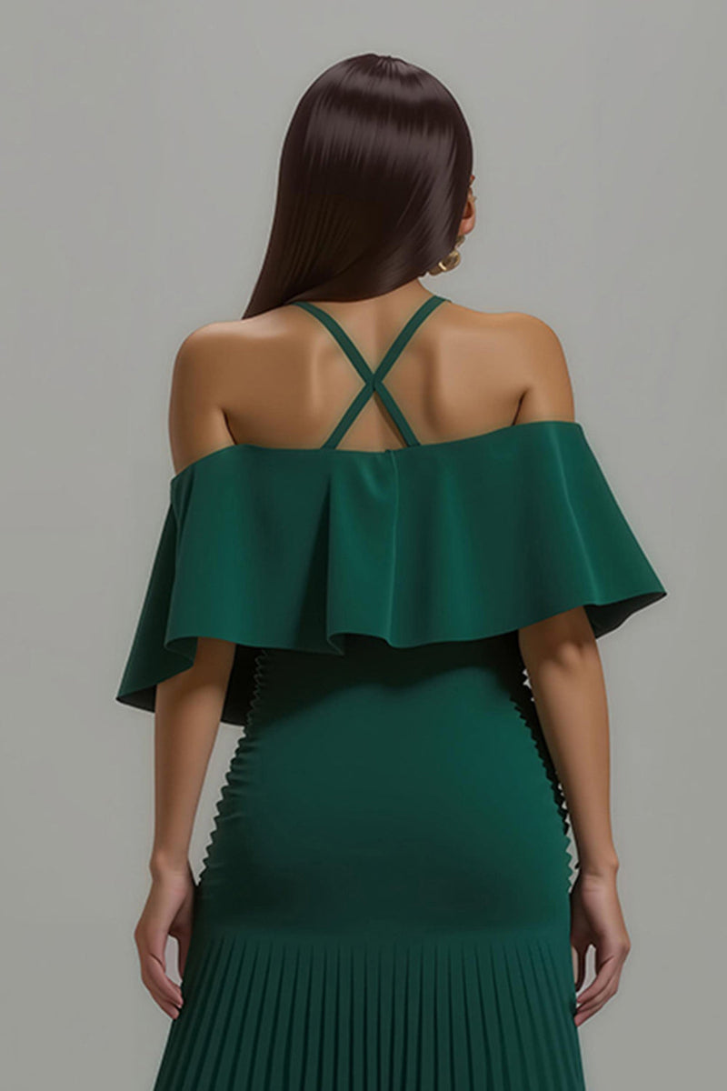Laden Sie das Bild in den Galerie-Viewer, Dunkelgrünes Plissiertes Neckholder Langes Festtags-Partykleid mit Rüschen