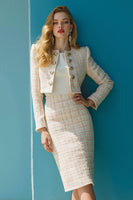 Laden Sie das Bild in den Galerie-Viewer, Elfenbein 2-teiliges Midi Arbeitskleid aus Tweed mit Ärmeln
