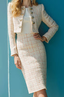 Laden Sie das Bild in den Galerie-Viewer, Elfenbein 2-teiliges Midi Arbeitskleid aus Tweed mit Ärmeln