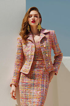 Sunset 2-teilig Tweed Bleistift gekerbtes Revers Midi Pageant Interview Outfits mit Ärmeln