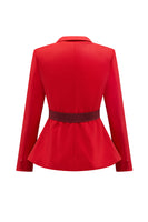 Laden Sie das Bild in den Galerie-Viewer, 2-teilige Rote Patchwork-Anzüge mit gekerbtem Revers für Frauen mit Gürtel