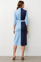 Laden Sie das Bild in den Galerie-Viewer, Marineblaues Patchwork Midi Blazerkleid mit Peak Revers und Schleife