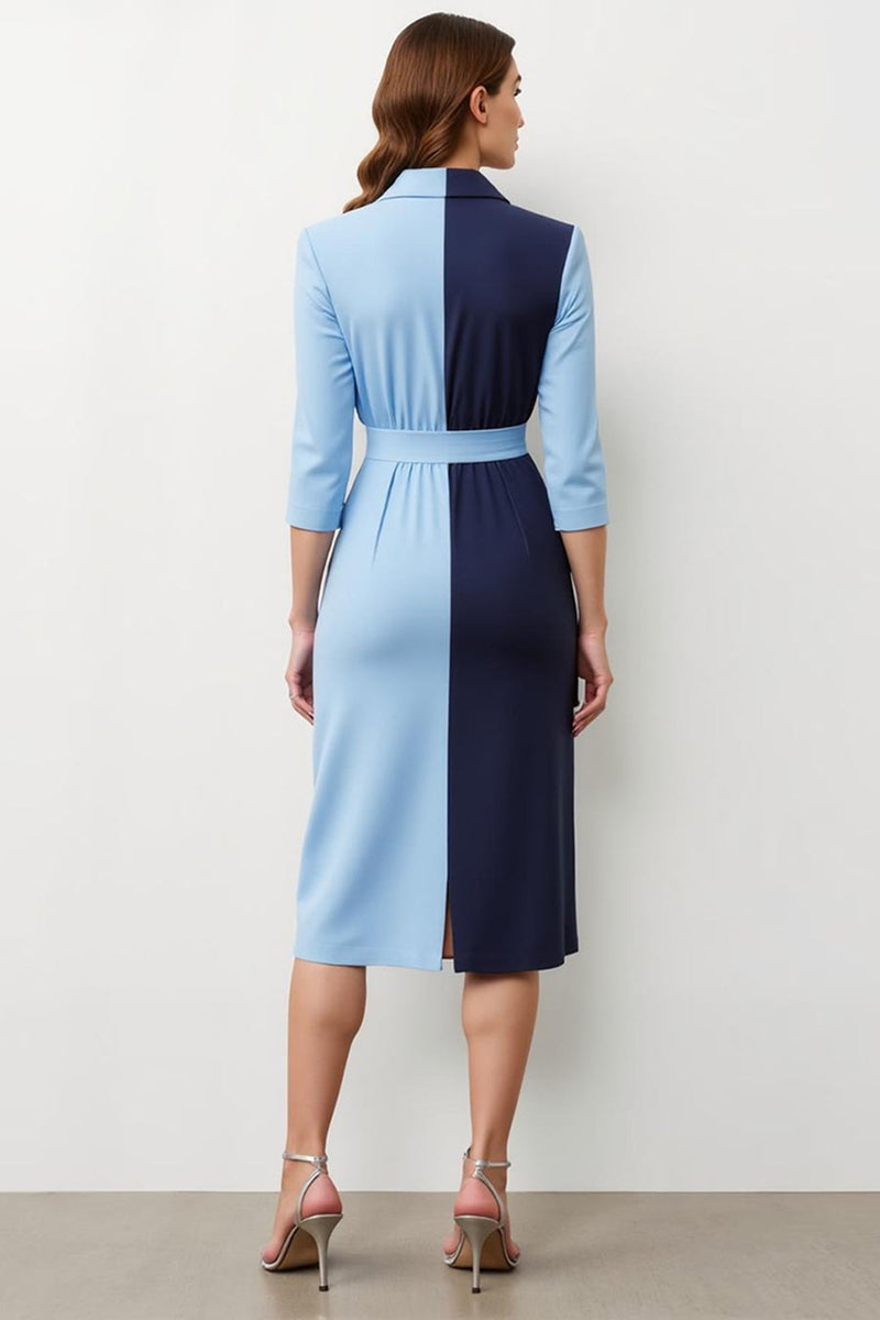 Laden Sie das Bild in den Galerie-Viewer, Marineblaues Patchwork Midi Blazerkleid mit Peak Revers und Schleife