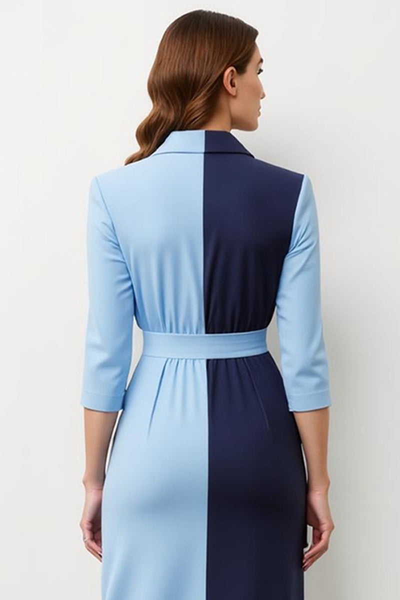 Laden Sie das Bild in den Galerie-Viewer, Marineblaues Patchwork Midi Blazerkleid mit Peak Revers und Schleife