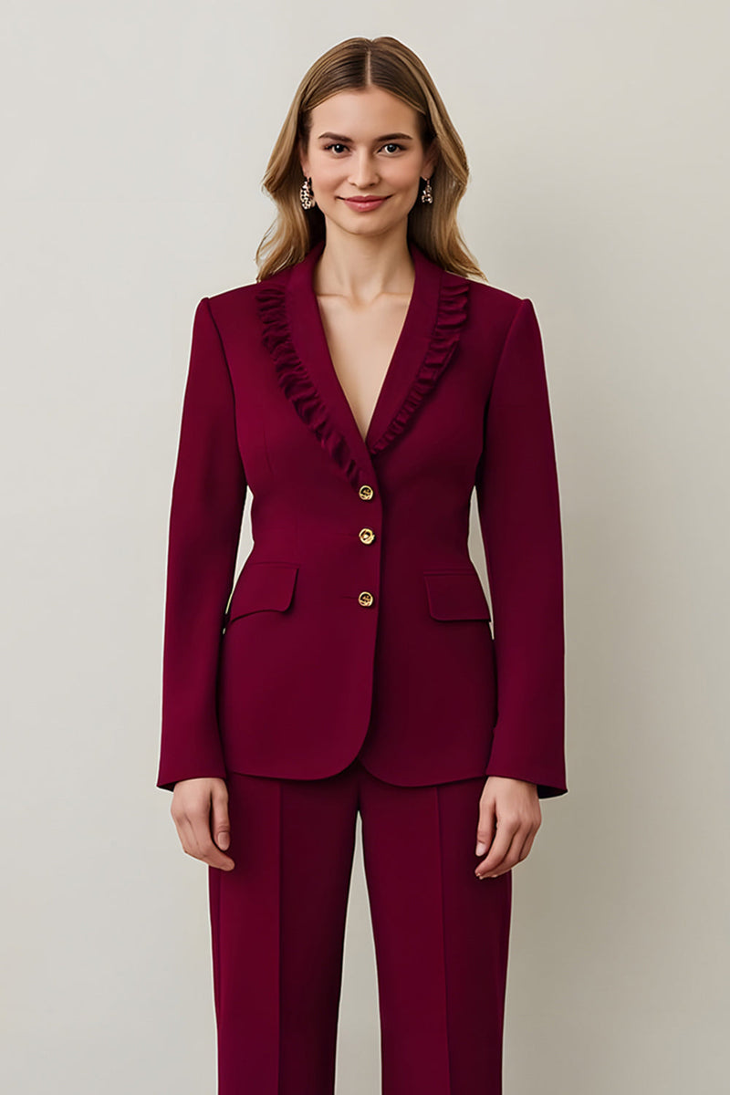 Laden Sie das Bild in den Galerie-Viewer, Burgunderroter Schal Revers 2 Stück Frauen Ballanzüge mit Rüschen