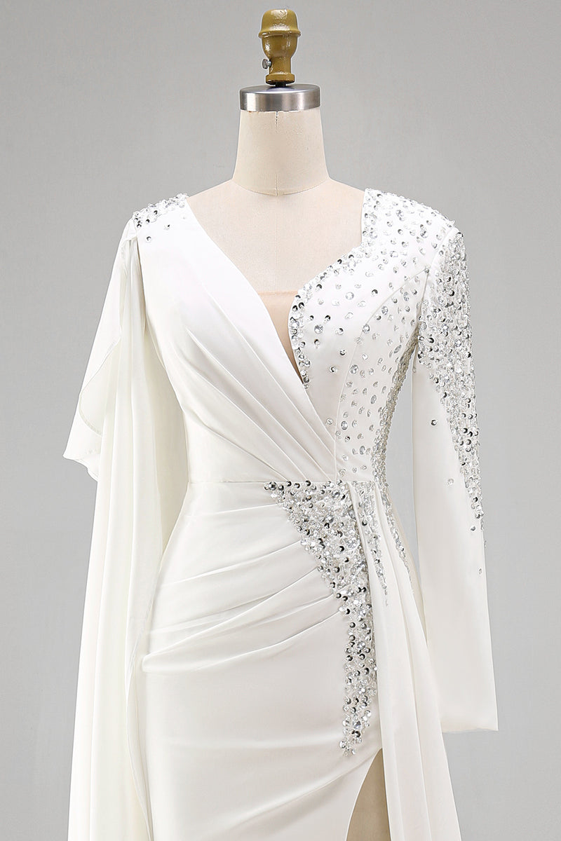 Laden Sie das Bild in den Galerie-Viewer, Weißes Meerjungfrauen Langarm Ballkleid mit Schärpe