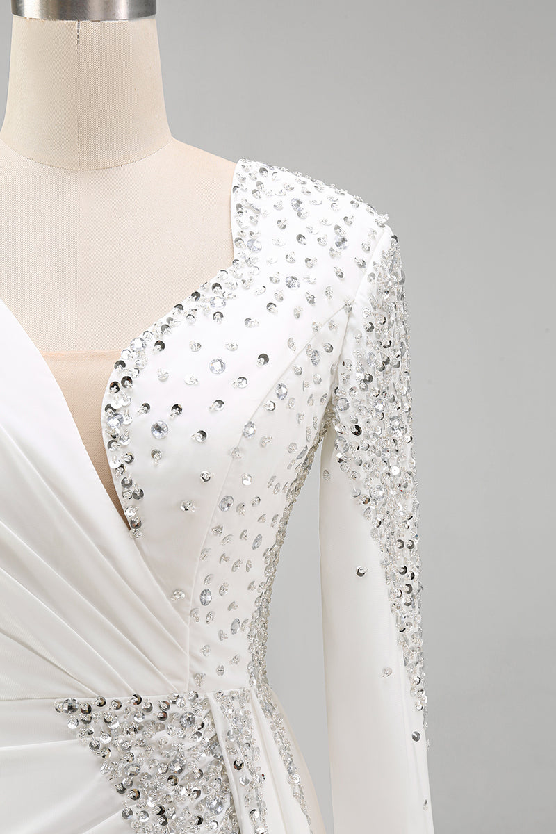 Laden Sie das Bild in den Galerie-Viewer, Weißes Meerjungfrauen Langarm Ballkleid mit Schärpe