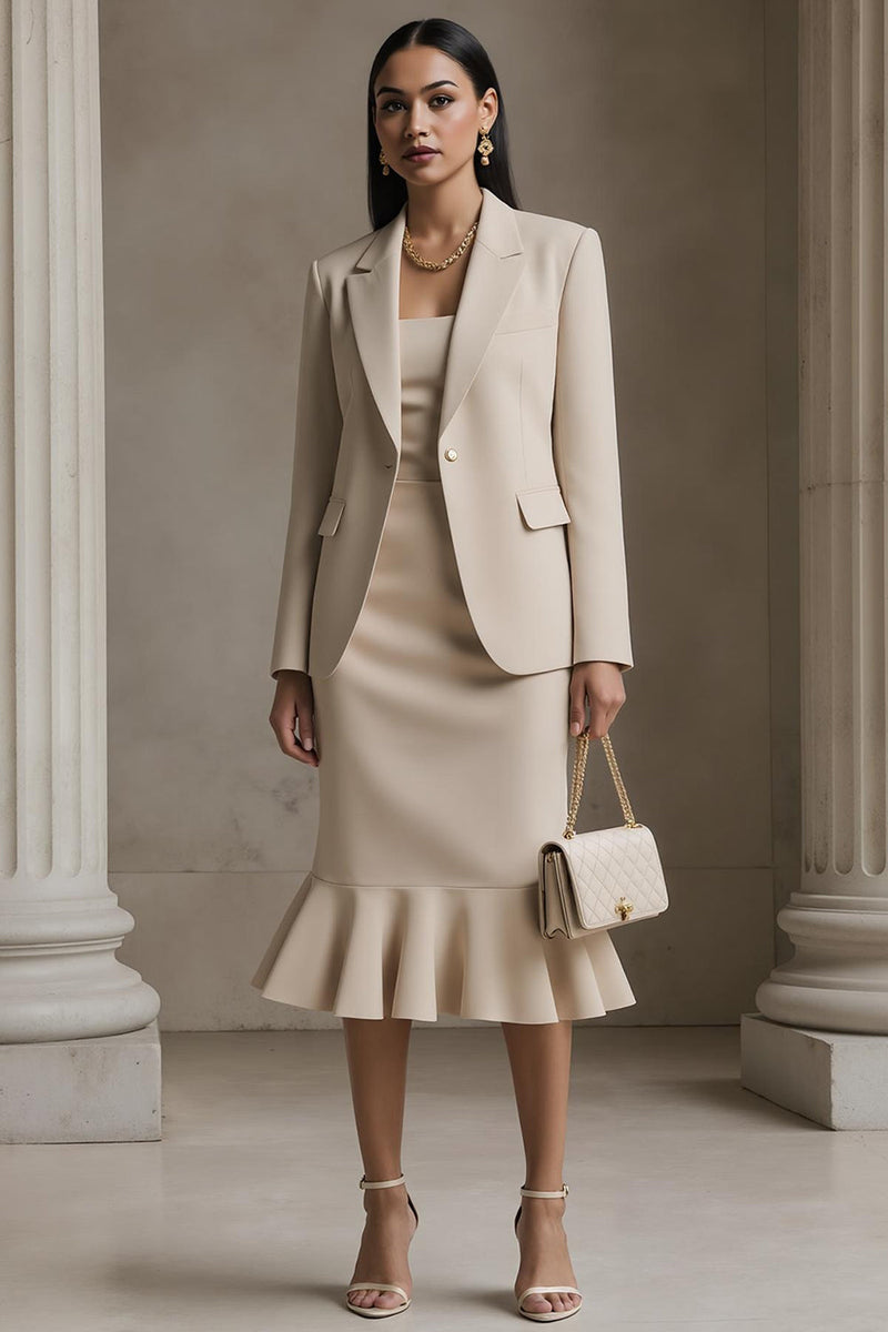 Laden Sie das Bild in den Galerie-Viewer, Champagner 2-teiliges Bleistift Midi Businesskleid mit gekerbtem Revers