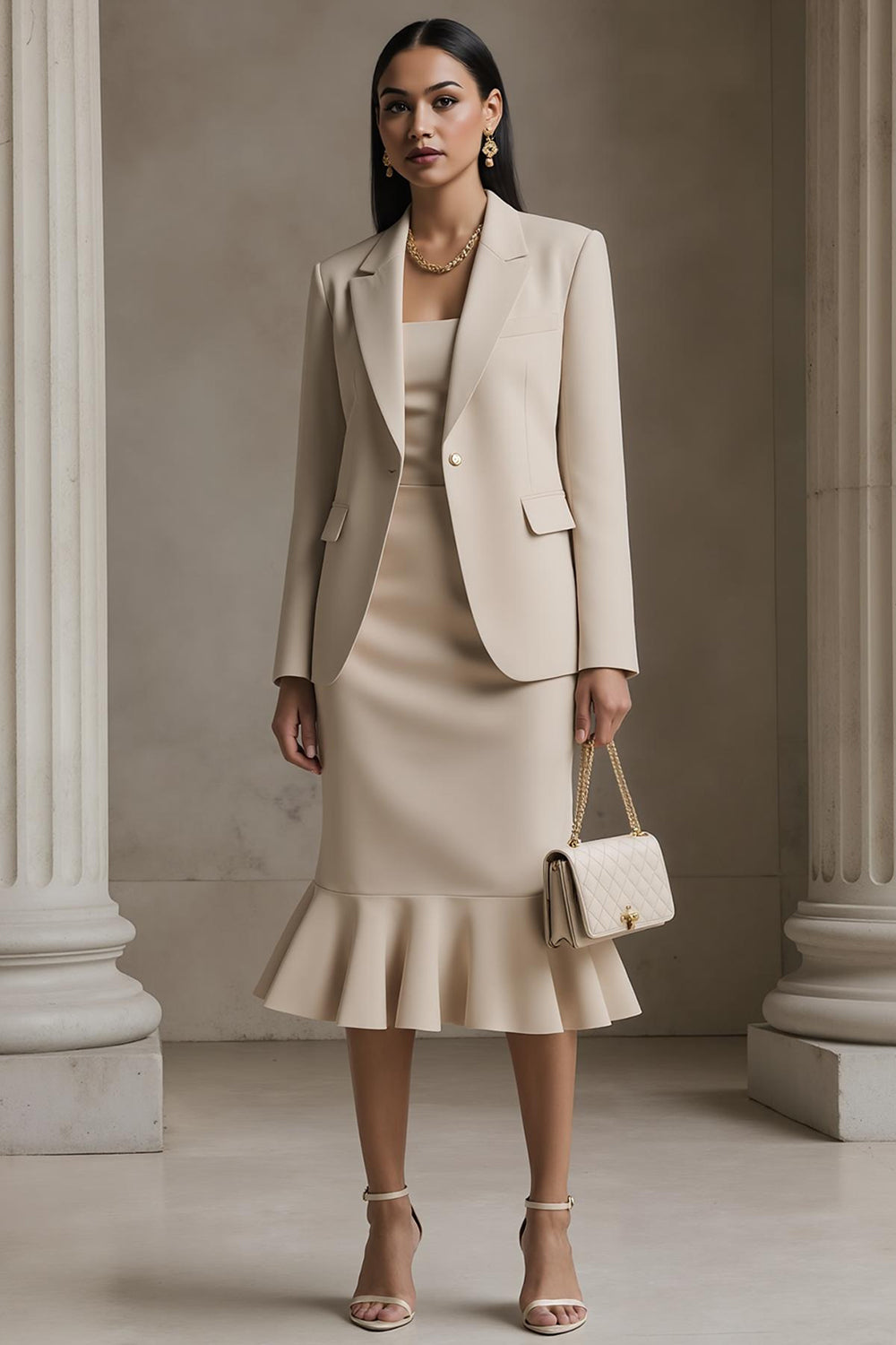 Champagner 2-teiliges Bleistift Midi Businesskleid mit gekerbtem Revers