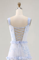 Laden Sie das Bild in den Galerie-Viewer, Blaue Blume Bedrucktes Langes Hochzeitsgastkleid mit Rüschen