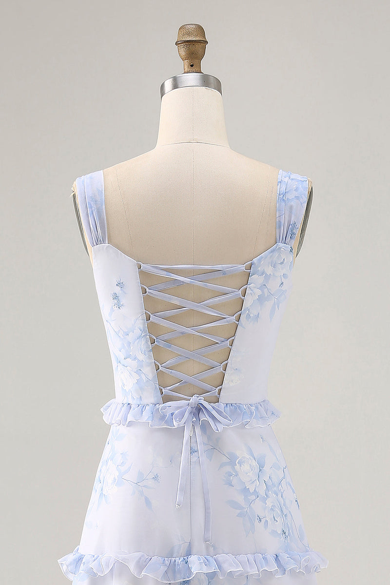 Laden Sie das Bild in den Galerie-Viewer, Blaue Blume Bedrucktes Langes Hochzeitsgastkleid mit Rüschen