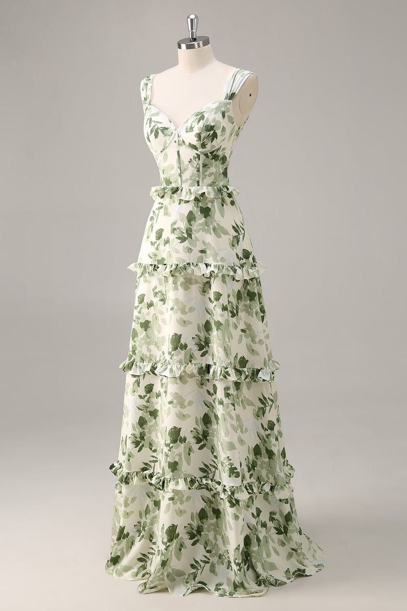 Laden Sie das Bild in den Galerie-Viewer, Grünes Blumen Korsett A-Linie Brautjungfernkleid mit Rüschen