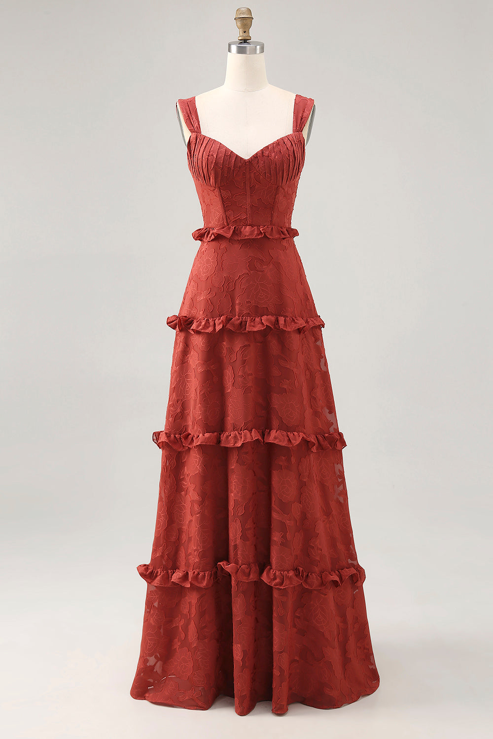 Florales Terrakotta Rüschen kleid für Hochzeitsgäste in A-Linie