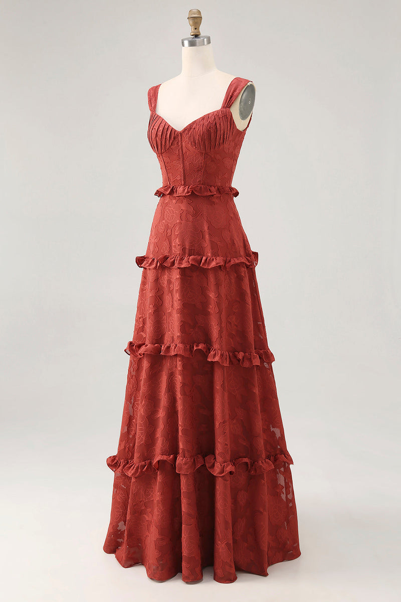 Laden Sie das Bild in den Galerie-Viewer, Florales Terrakotta Rüschen kleid für Hochzeitsgäste in A-Linie