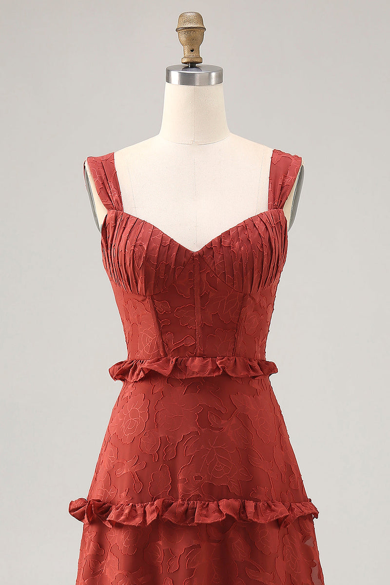 Laden Sie das Bild in den Galerie-Viewer, Florales Terrakotta Rüschen kleid für Hochzeitsgäste in A-Linie