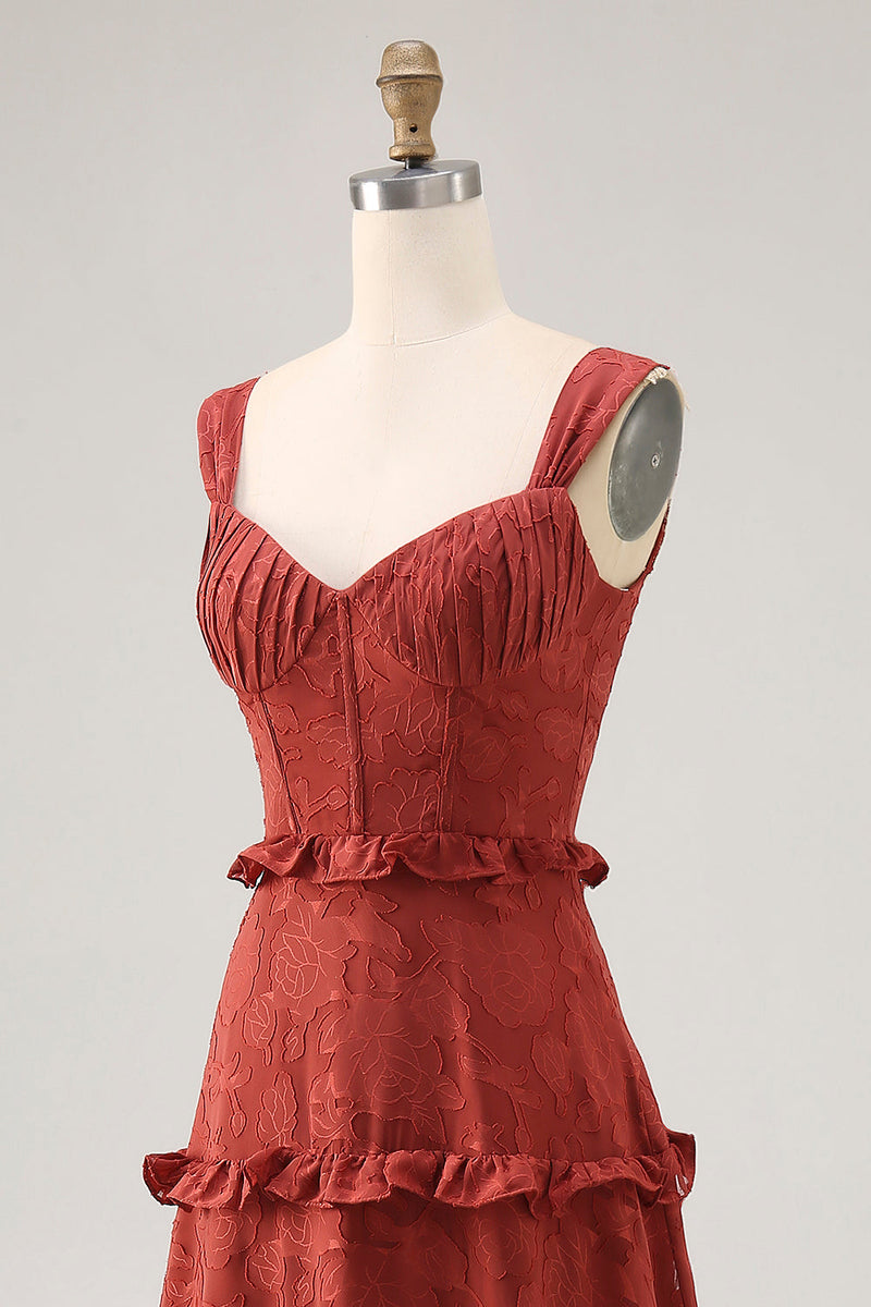 Laden Sie das Bild in den Galerie-Viewer, Florales Terrakotta Rüschen kleid für Hochzeitsgäste in A-Linie