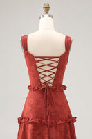 Laden Sie das Bild in den Galerie-Viewer, Florales Terrakotta Rüschen kleid für Hochzeitsgäste in A-Linie