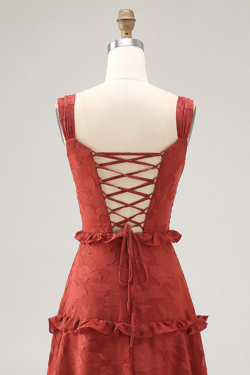 Laden Sie das Bild in den Galerie-Viewer, Florales Terrakotta Rüschen kleid für Hochzeitsgäste in A-Linie