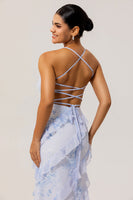 Laden Sie das Bild in den Galerie-Viewer, Blaues Hochzeitsgastkleid mit Blumenmuster und Rüschen