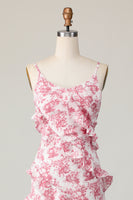 Laden Sie das Bild in den Galerie-Viewer, Blush Blume Etui Spaghettiträger Rüschen Langes Hochzeitsgastkleid mit Schlitz