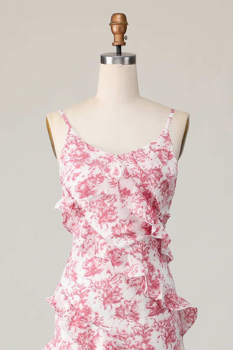 Laden Sie das Bild in den Galerie-Viewer, Blush Blume Etui Spaghettiträger Rüschen Langes Hochzeitsgastkleid mit Schlitz