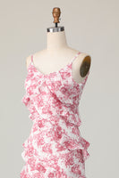 Laden Sie das Bild in den Galerie-Viewer, Blush Blume Etui Spaghettiträger Rüschen Langes Hochzeitsgastkleid mit Schlitz