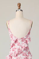 Laden Sie das Bild in den Galerie-Viewer, Blush Blume Etui Spaghettiträger Rüschen Langes Hochzeitsgastkleid mit Schlitz