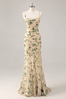Laden Sie das Bild in den Galerie-Viewer, Champagner Meerjungfrau Brautjungfernkleid mit Blumenmuster und Schlitz